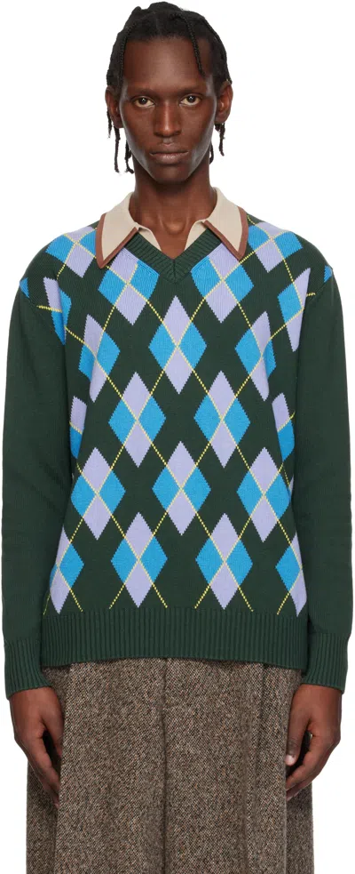 Dries Van Noten Green Argyle Sweater