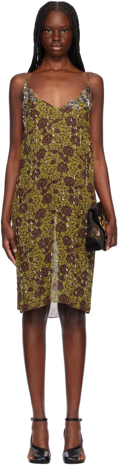 Dries Van Noten Green Beaded Midi Dress In 607 Olive