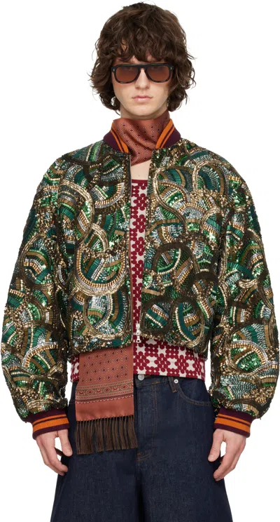 Dries Van Noten Green Embroidered Bomber Jacket