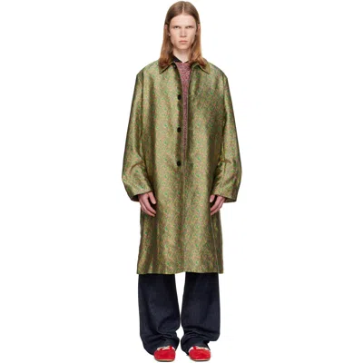 Dries Van Noten Green Jacquard Coat In Yellow 202