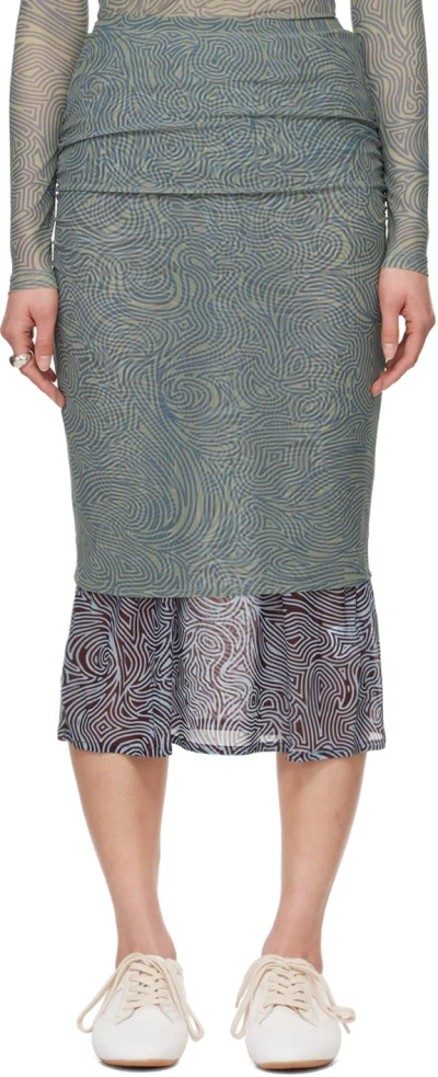 Dries Van Noten Print Mesh Layered Skirt In Khaki,multicolor