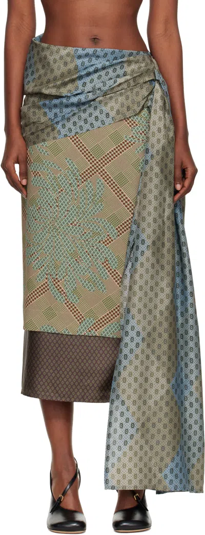 Dries Van Noten Green Layered Tie Motif Midi Skirt
