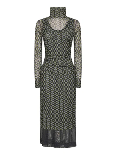 DRIES VAN NOTEN GREEN PRINTED MESH LAYERED MIDI DRESS