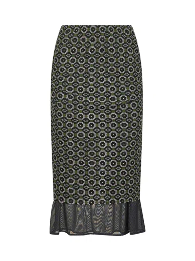 DRIES VAN NOTEN GREEN PRINTED MESH LAYERED MIDI SKIRT