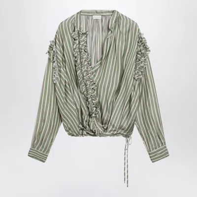 Dries Van Noten Striped Jacket Long Sleeves Ruffle Drawstring Hem In Green