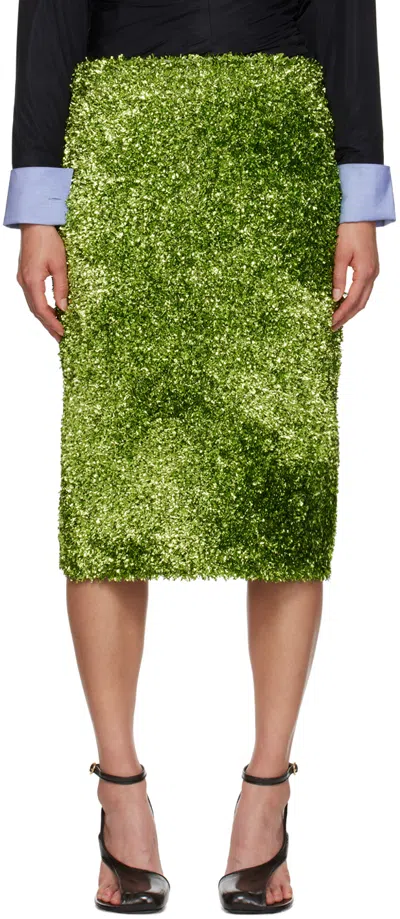 DRIES VAN NOTEN GREEN TINSEL MIDI SKIRT