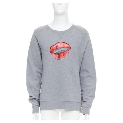 Pre-owned Dries Van Noten Grey Cotton Red Sequins Lip Crew Pullover Top L
