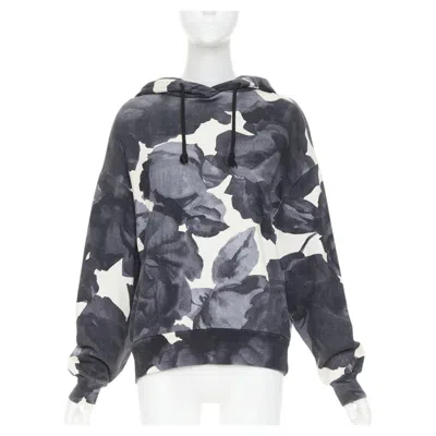 Pre-owned Dries Van Noten Grey Ivory Cotton Abstract Rose Print Black Drawstring Hoodie S In White