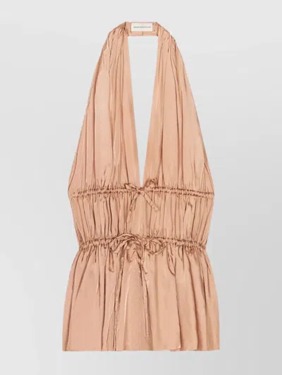 Dries Van Noten Halterneck Peplum Ruched Tie Sleeveless Top In Gray