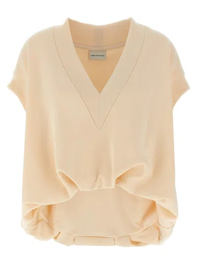Dries Van Noten V-neckline Cap Sleeves Dropped Hem Sweatshirt In Beige