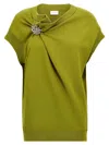 Dries Van Noten 'cap Sleeves Draped Embellished Trim Sweatshirt' In Green
