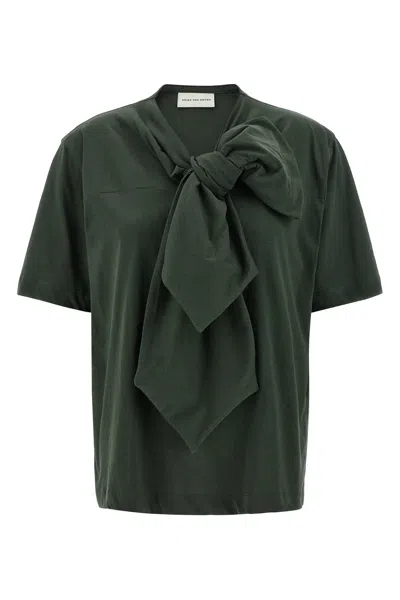 Dries Van Noten Bow Detail Crew Neck Short Sleeve Top In Green