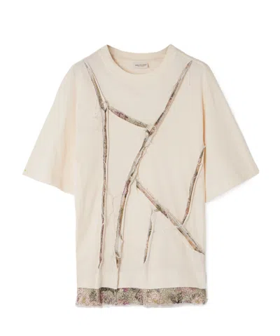 Dries Van Noten Helena Frayed Brocade-trimmed Cotton-blend T-shirt In Ecru