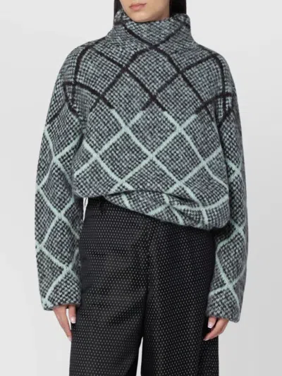 Dries Van Noten High Neck Long Sleeve Checked Sweater In Gray