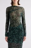 Dries Van Noten Hoan Print Ruched Mesh Top In Malachite