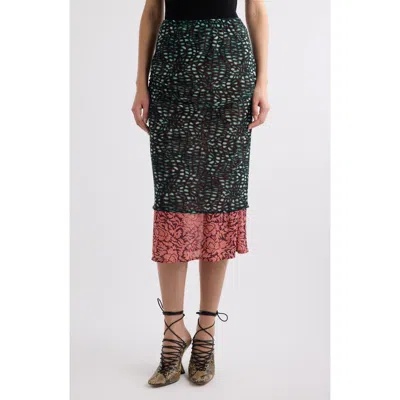 Dries Van Noten Homoa Layered Mixed Print Midi Skirt In Malachite