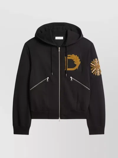 Dries Van Noten Hooded Sweater With Embroidered Accents And Zip Pockets In Black