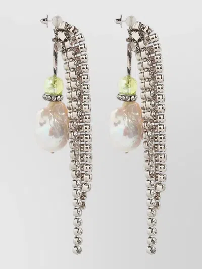 Dries Van Noten Hoop Earrings Dangling Pearl Crystal Strands In Neutral