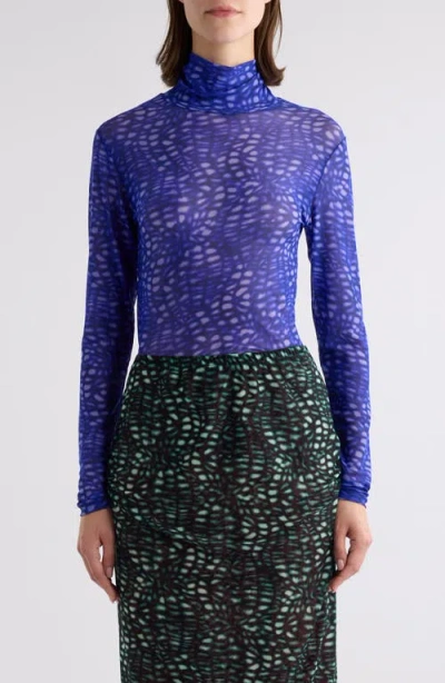Dries Van Noten Hoyser Print Mesh Turtleneck Top In Purple