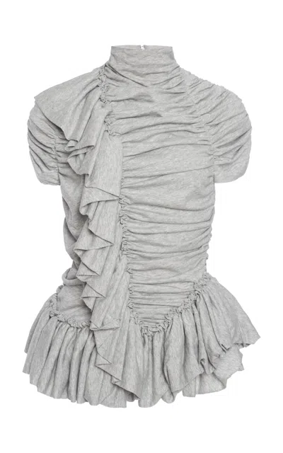 Dries Van Noten Huchi Ruffles Cotton-jersey Top In Gray