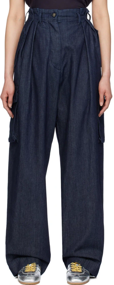 Dries Van Noten Indigo Pleated Denim Cargo Pants In 507 Indigo