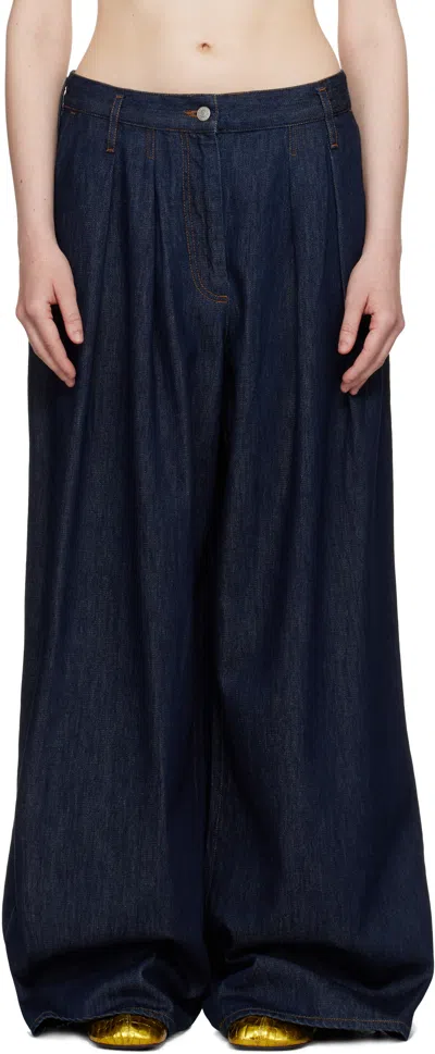 Dries Van Noten Indigo Wide Pleated Jeans In 507 Indigo