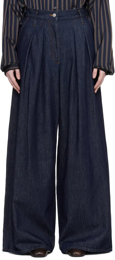 Dries Van Noten Indigo Wide Pleated Jeans In Blue