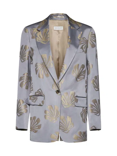 Dries Van Noten Foliage Print Viscose Blazer In Silver,gold