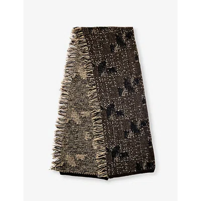 Dries Van Noten Mens Dark Brown Jacquard-pattern Fringed-edge Wool-blend Scarf