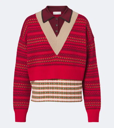 Dries Van Noten Jacquard Wool-blend Polo Sweater In Red