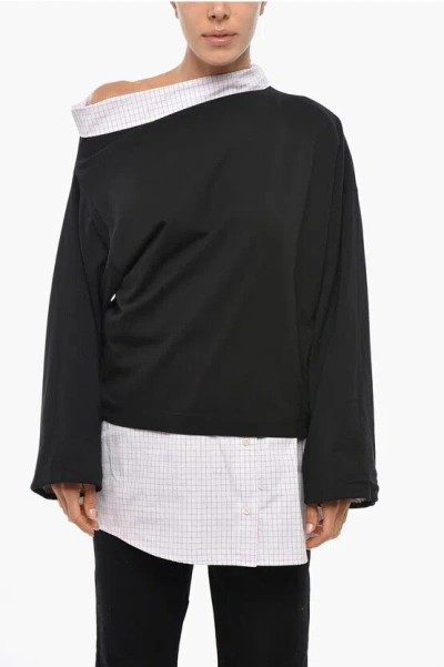 Dries Van Noten Jersey Henies Top With Popeline Details In Black
