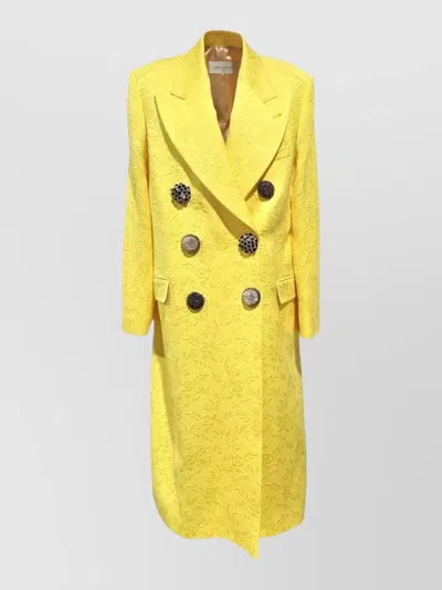 Dries Van Noten Jewel Button Long Coat Textured Lapels In Yellow