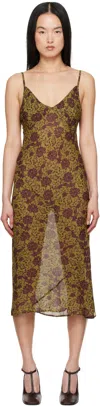 Dries Van Noten Khaki & Burgundy Printed Midi Dress In 607 Olive