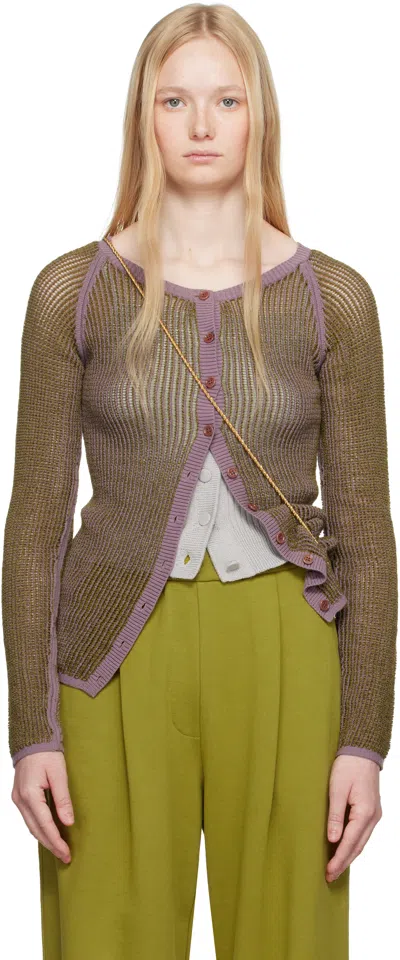 Dries Van Noten Khaki & Purple Open Knit Cardigan In 404 Mauve