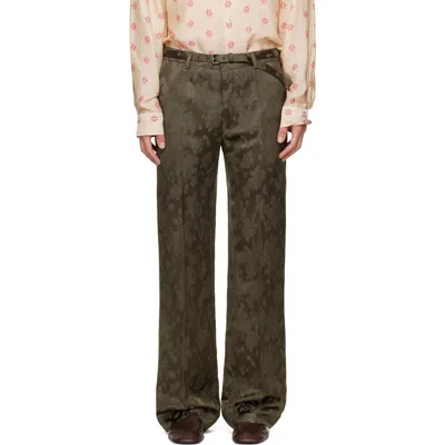 Dries Van Noten Khaki Belted Floral Jacquard Trousers In Burgundy