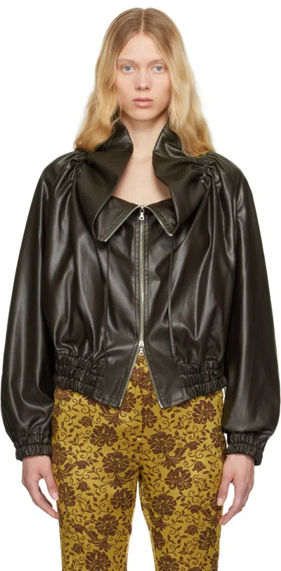 Dries Van Noten Cropped Ruffled Faux Leather Bomber Jacket In 606 Khaki