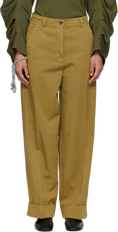 Dries Van Noten Khaki Cuffed Cotton Trousers