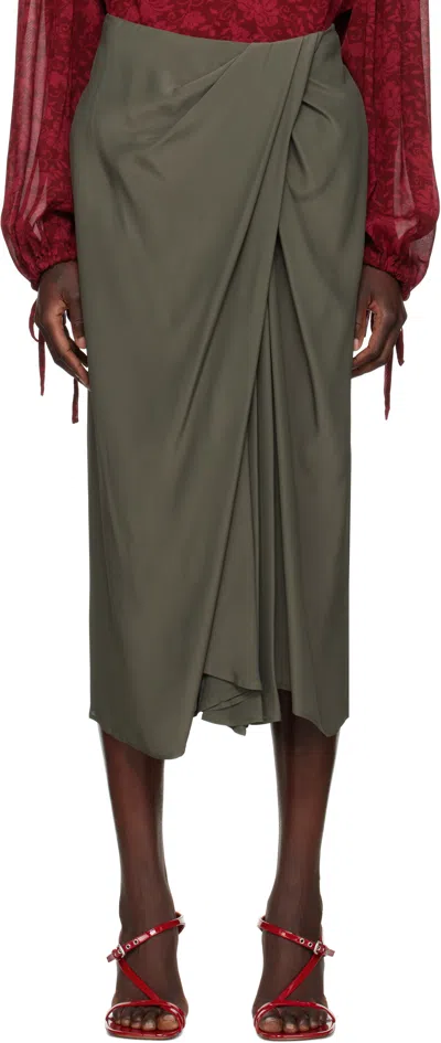 Dries Van Noten Khaki Draped Flared Midi Skirt In 606 Khaki