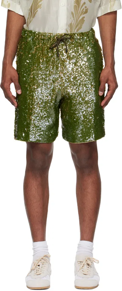 DRIES VAN NOTEN KHAKI SEQUINNED SHORTS