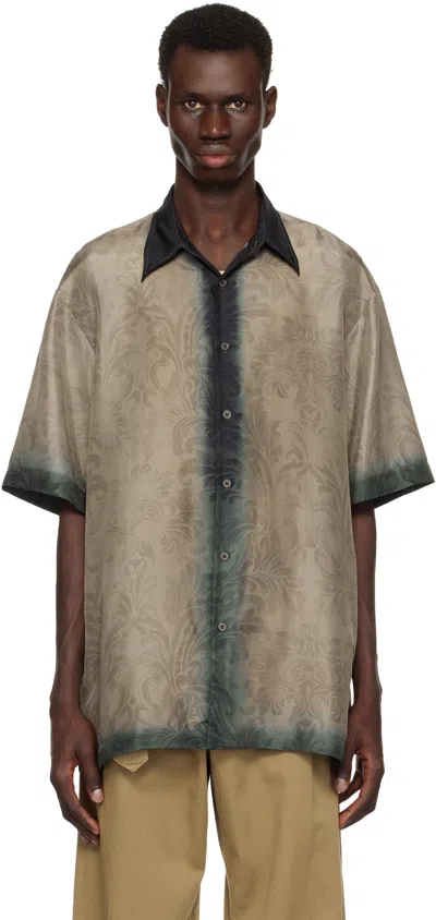 Dries Van Noten Khaki Silk Short Sleeve Shirt In 508 Petrol