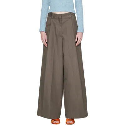 Dries Van Noten Khaki Wide Pleated Cotton Trousers In Gray