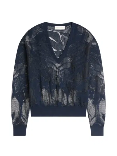 Dries Van Noten Torion Floral Lace Knit V-neck Sweater In Blue