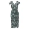 Shop Dries Van Noten Leaf Print Petal Sleeves V Neck Midi Dress In Green