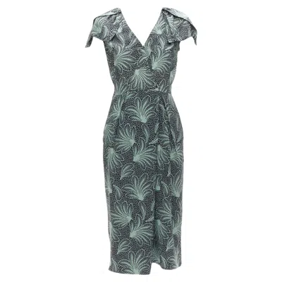 Dries Van Noten Leaf Print Petal Sleeves V Neck Midi Dress In Green