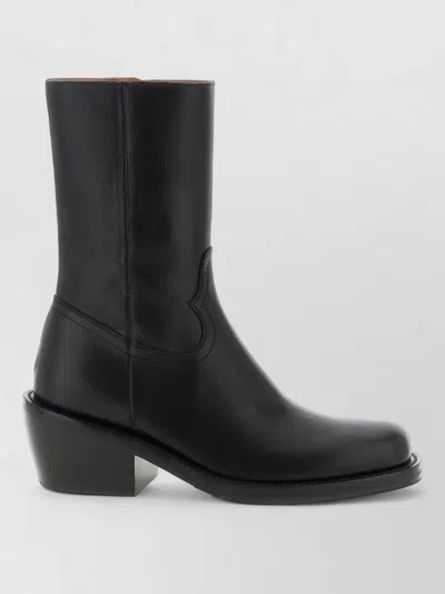 Dries Van Noten Leather Ankle Boots Round Toe Block Heel In Black