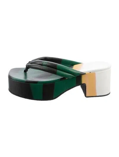 Pre-owned Dries Van Noten Leather Colorblock Pattern Flip Flops In Green