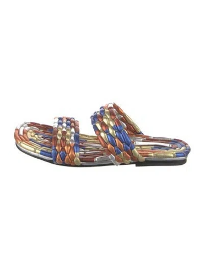 Pre-owned Dries Van Noten Leather Colorblock Pattern Slides In Blue/metallic/silver