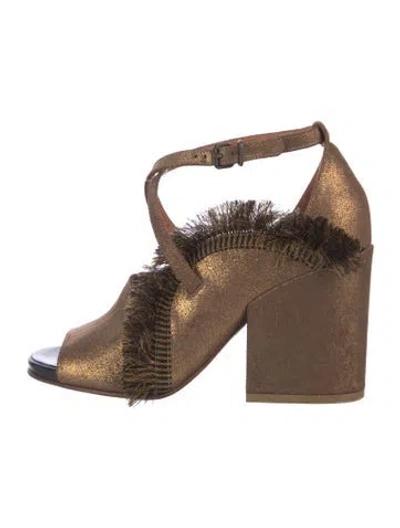 Pre-owned Dries Van Noten Leather Fringe Trim Accent Pumps In Gold/metallic
