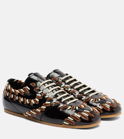 Dries Van Noten Cord And Velvet-trimmed Glossed-leather Sneakers In Black
