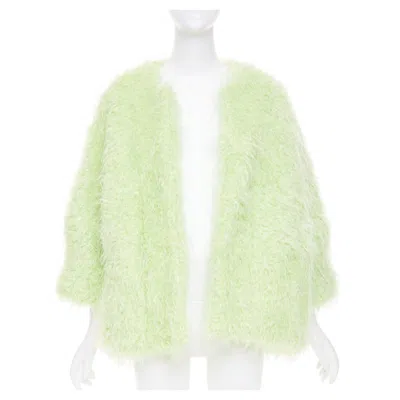 Pre-owned Dries Van Noten Light Green Fuzzy Mohair Wool Collarless Loose Open Knit Coat S